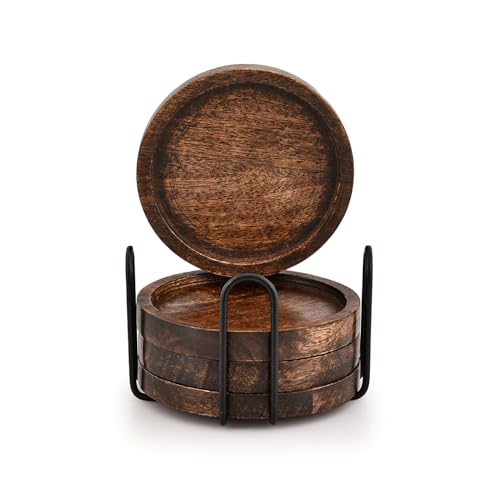 SAMHITA Mango Wood Coasters for Drinks with Iron Holder Stand Set of 4 for Drinking Glasses, Tabletop Protection for Any Table Type