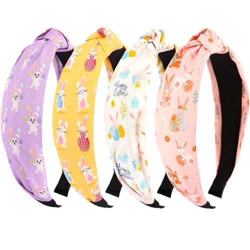 KICOSY 4PCS Easter Knotted Headbands - Bunny & Egg Print Hair Hoops for Daily Styling, Easter Party, Photo Shoot & Gift Giving