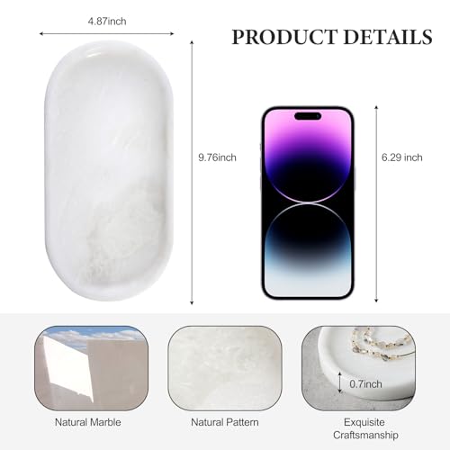 Koville African Natural White Marble Decorative Tray, 10" x 5" Marble Vanity Tray for Bathroom Countertop Organizer Stone Trays, Catchall Tray for Perfume, Candles, Jewelry (Namib Bianco White) - color: Namib Bianco White