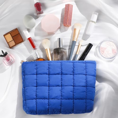Hillban Blue Puffy Quilted Makeup Bag for Women Cosmetic Bag Gift, Classic - color: Blue, size: Classic