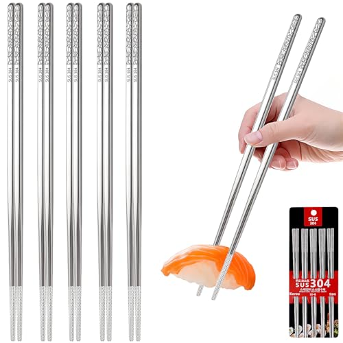 Stainless Steel Chopsticks Reusable, 5 Pairs, Silver Crack Pattern