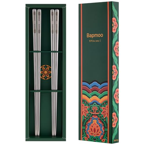 Korean Matte Silver Stainless Steel Chopsticks, 2 Pairs, Dancheong Engraved - color: Silver
