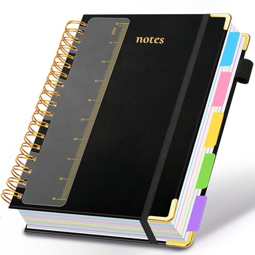 Hardcover Spiral Notebook 8"x10" Journal Notebook with Tabs and Removable Dividers 300 Pages 5 Subject Notebook College Ruled, Faux Leather Spiral Bound Notebook for Women School Work (Black) - color: Black, size: 8"x10"(B5)