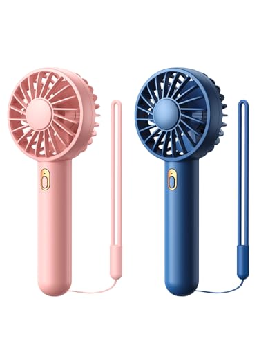 Warmco Mini Portable Fan 2-Pack - 3 Speed Rechargeable Handheld & Desk Fan with Base, Compact Cooling for Travel, Makeup, Summer Gift (Blue & Pink)