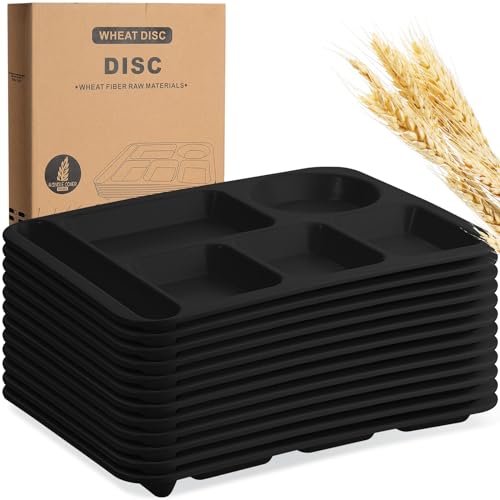 Pinkunn 12 Pcs 14'' Large Divided Plates Unbreakable Wheat Straw Lunch Trays 6 Compartments Cafeteria Trays Microwave Dishwasher Safe Food Separator Plates (Black) - color: Black