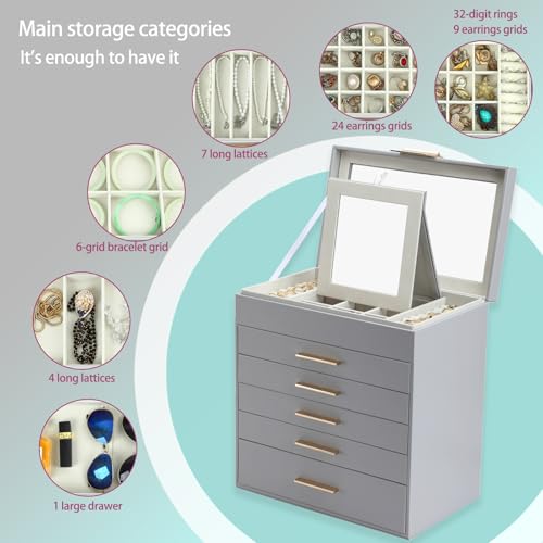 BOOVO Jewelry Boxes for Women, White and Black 6 Layer Large Jewelry Box for Necklace, Bracelet, Earrings, Rings Storage, Jewelry holder Organizer for Girls Gift (Grey, 6 layer) - color: Grey, size: 6 layer