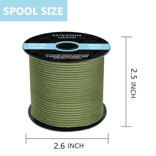 Paracord 240lb - Diameter 2mm Micro Utility Cord -3 Strand Parachute Spool Cord - 100ft 200ft,Paracord for Camping,Hiking,Fishing,Outdoor and DIY - color: Army Green, size: 100 ft