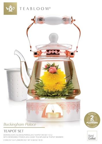 Teabloom Buckingham Palace Teapot & Flowering Tea Gift Set (6 Pieces) - Stovetop Safe Glass Teapot (40 OZ / 1.2 L / 4-5 CUPS), Porcelain Lid, Tea Warmer, Loose Tea Infuser, 2 Gourmet Rose Tea Flowers