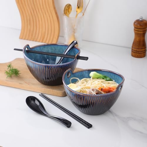 Ceramic Ramen Bowl with Chopsticks and Spoons Set, 6.7 Inch Noodle Bowl Set for Pho Udon Soba, Set of 2 (Sky Blue) - color: Sky Blue