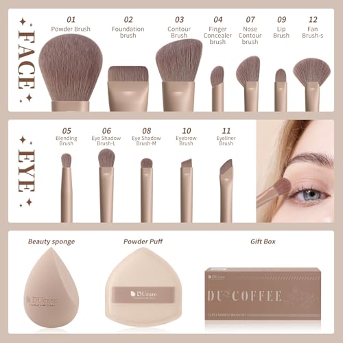 DUcare 14pcs Makeup Brushes Set,12Pcs Makeup Brush set with 2pcs Makeup Sponges Foundation Blending Face Powder Blush Eye Shadows Brushes - color: 12pcs