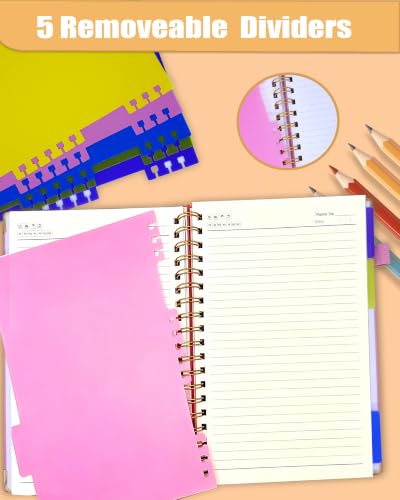 Hardcover Spiral Notebook Journal with Removable Dividers Tabs, 5 Subject Notebooks for Work School, 300 pages 8"x10" B5 leather Journal College Ruled, Cute Journal for women, Pink - color: Pink