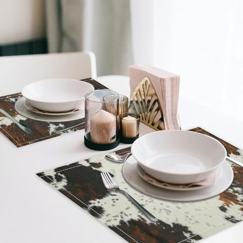 Cow Print Placemats Set of 4 – Western Farmhouse Table Mats with Rustic Brown Black White Cowhide Pattern, Durable Polyester Linen for Kitchen Dining Decor, Washable & Quick Dry - color: Fur Print, size: 12x18"Placemats x4