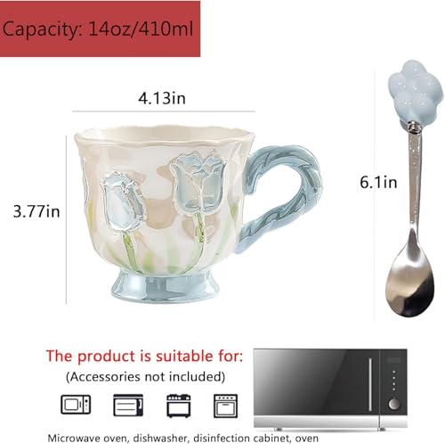 Ceramic Coffee Mug 14oz/410ml Blue Cute Flower with Spoon - color: Pearlescent Blue, size: Large