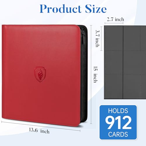 Premium Zip Card Binder 12 Pocket, Fabmaker 912 Pocket Trading Card Binder - color: Red, size: 12 Pocket - 15" x 13.6"