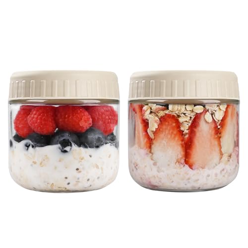 SHOWIN Overnight Oats Containers with Lids, 10oz Glass Jars with Lids 2 pcs, Creamy Beige, Wide Mouth Mason jars for Salad, Yogurt, Snacks, Meal Prep - color: Creamy Beige, size: 10oz-2pc