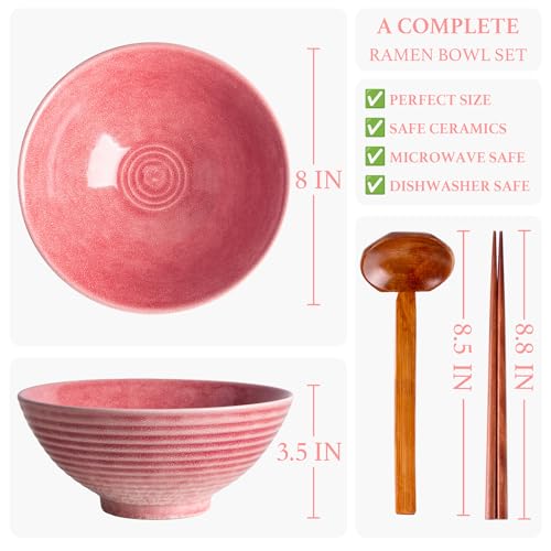 40oz Japanese Ceramic Ramen Bowl Set of 2 with Chopsticks and Spoons for Pho Udon Asian Soup Noodles (Pink) - color: Pink