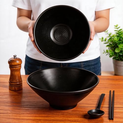 Ramen Bowl Set of 4, Japanese Style Noodle Soup Bowls, Black