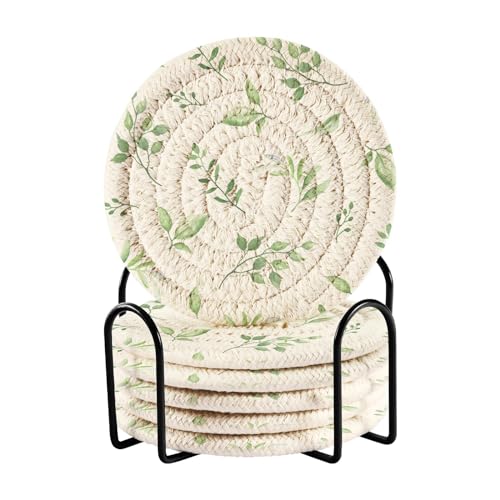Green Leaves Drink Coasters Set - 6 Pcs Minimalist Woven Coasters with Holder for Home Decor, 3.94 Inch Absorbent Coasters for Drinks - color: A05