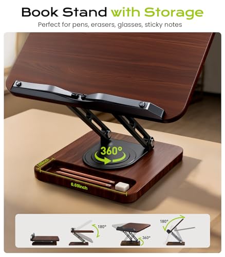 LOXP Book Stand with Storage, 360° Rotating Cookbook Stand, Ergonomic
