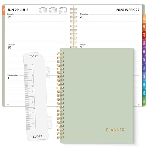 SUNEE Academic Planner 2026-2027 – Weekly & Monthly Planner, July 2026 to June 2027, 6.4"x8.3", Thick Paper, Tabs, Pockets, Bookmark, Spiral-Bound, Student Teacher Organizer, Sage Green - color: Green