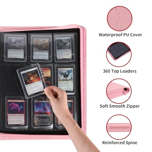 Snekdy Top loader Binder, 9 Pockets Top Loader，Holds 360 Top Loaders cards, Card binder with Sleeves for card in 3 x 4 inches color smooth Zipper PU Leather (Pink) - color: Pink