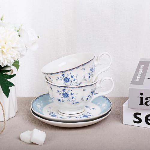 fanquare Blue Rose Porcelain Tea Cup and Saucer Set for 6 - color: Blue Rose tea cup set