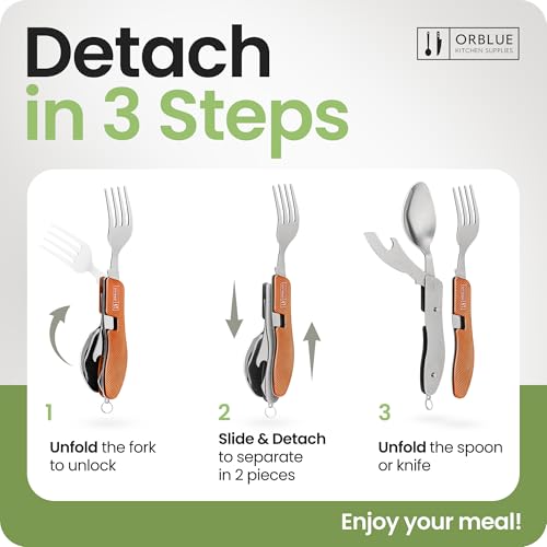 Orblue 4-in-1 Camping Eating Utensils, 2-Pack - Portable Spoon, Fork, Knife & Bottle Opener Combo Set - Stainless Steel Flatware with Detachable Fork - Travel, Backpacking Cutlery Multitool, Orange - color: 2-PACK Orangey Orange
