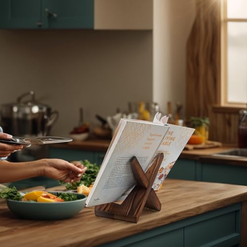 masteymoh Rustic Cookbook Holder Stand for Kitchen, Recipe Book Holder for Kitchen Counter, Wooden Kitchen Book Holder, Rustic Cook Book Holder Stand with Natural Wooden Grains (1 in Brown) - size: 1 in Brown (8.6" x 6.7")