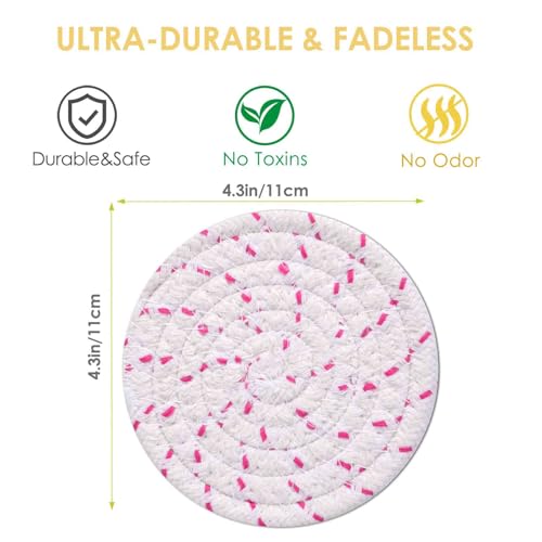Drink Coasters 8 Pack with Holder, 4-Color Cotton Woven Absorbent Coasters Set, Minimalist 4.3in Cup Mat for Home Decor, Dining Table, Living Room, Tabletop-Protection for Coffee Beverage-Pink - color: Pink