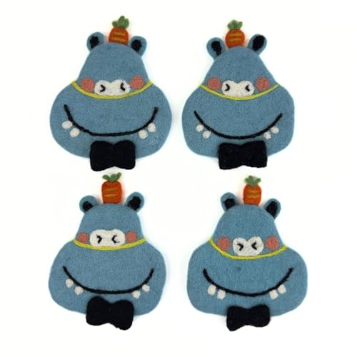 Humble Hilo Handmade Animal Felt Coaster Set of 4, Absorbent Coaster for Animal Lover (Funny Hippo) - color: Funny Hippo