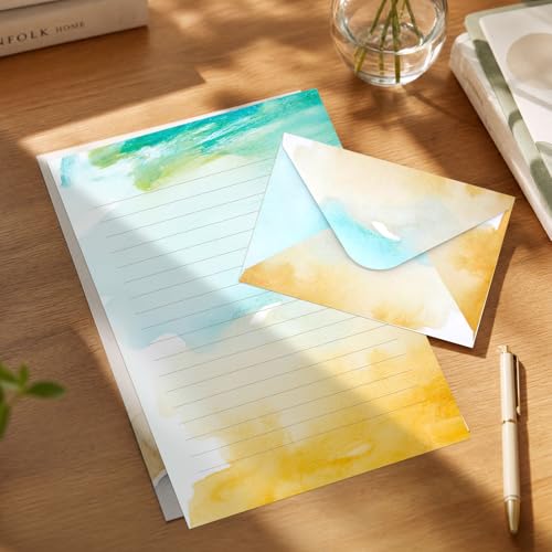 Watercolor Stationary Paper and Envelopes Set, 24 Lined Writing Papers and 12 Envelopes, 6 Designs Aesthetic Letter Kit for Love Letters, Thank You Notes and Party Invitations