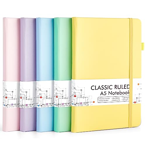 feela 5 Pack Notebooks Journals Bulk, Hardcover Classic Ruled Lined Journals with Pen Holder for Women Girls School Business Supplies, with 5 Black Pens, 120 GSM, 5.1”x8.3”, A5, Pastel Colors - color: 5 Pastel Colors