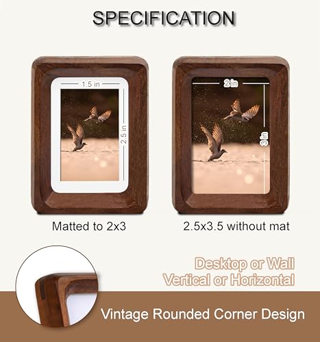 2.5x3.5 Mini Polaroid Picture Frame, USA-Sourced Natural Walnut Wood with Real Glass, Handcrafted Rounded Corners, Matted to 2x3 Photo, Gallery Wall and Tabletop Display - color: Walnut, size: 2.5X3.5