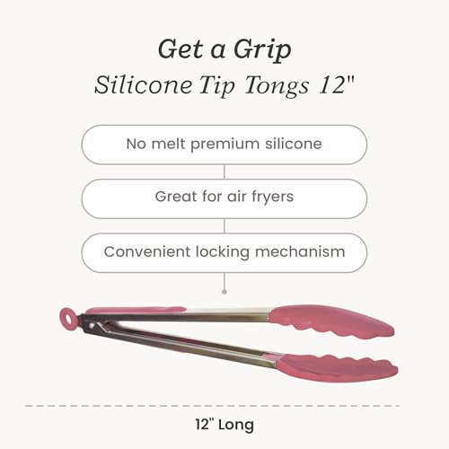Starpack Get a Grip Silicone Kitchen Tongs (12 Inch) - LFGB Non Toxic, 600°F Heat Resistant, BPA-Free - Heavy-Duty Stainless Steel, Locking - Dishwasher Safe for Nonstick Cookware - color: Earthy Pink, size: 12" Single