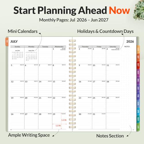SUNEE Academic Planner 2026-2027 – Weekly & Monthly Planner, July 2026 to June 2027, 6.4"x8.3", Thick Paper, Tabs, Pockets, Bookmark, Spiral-Bound, Student Teacher Organizer, Sage Green - color: Green