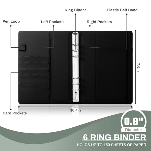 Ovesmusl PU Leather Aesthetic A6 Binder 6 Ring Binder Journal Cover - color: Black, size: A6
