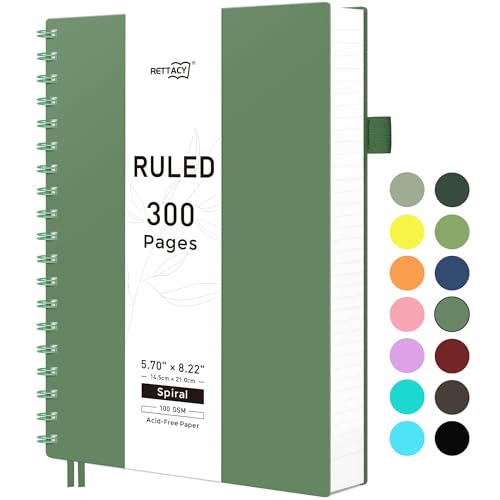 RETTACY Spiral College Ruled Notebook, 300 Pages, A5 Size (5.7" x 8.2") - color: Dark Green, size: 5.7" x 8.2"