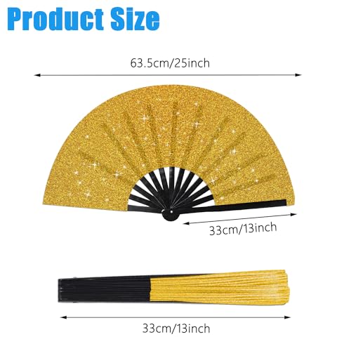 Large Folding Hand Fan Glitter Large Rave Hand Fan, Folding Shiny Hand Fan Clack Handheld Fan Women Handheld Fan with Bag for Festival, Disco Party, Club, Dance, EDM, Home Decoration(Gold) - color: Gold