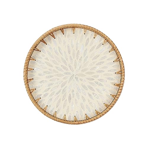 Kmelep Round Rattan Tray with Mother of Pearl Inlay, Rattan Serving Tray with Wooden Base, Decorative Wicker Basket for Table Decor, Storage and Display of Coffee Bread Food Fruit (Leaf 2) - color: Leaf 2, size: 11.8"