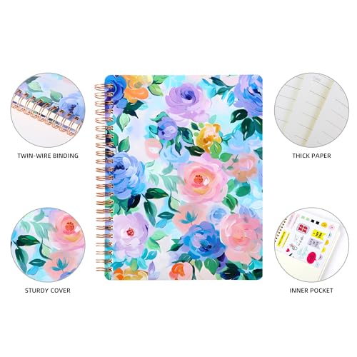 Spiral Notebook for Women, 8.25" x 6.25" Journal with Durable Hardcover and 160 Lined Pages with Large Pockets - Perfect to Stay Organized and Boost Productivity at Work or School (flowers-E) - color: flowers-E