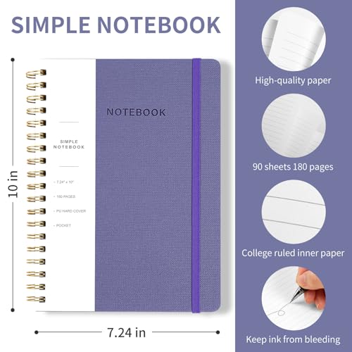 Spiral Notebook - 7.24" x 10" College Ruled Journal with Inner Pockets and 180 Pages, PU Leather Cover Business Journal, Twin-Wire Binding Notebook Perfect for Office & Home School Supplies Violet - color: 005-Violet-1pack, size: B5-180 pages