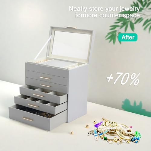 BOOVO Jewelry Boxes for Women, White and Black 6 Layer Large Jewelry Box for Necklace, Bracelet, Earrings, Rings Storage, Jewelry holder Organizer for Girls Gift (Grey, 6 layer) - color: Grey, size: 6 layer