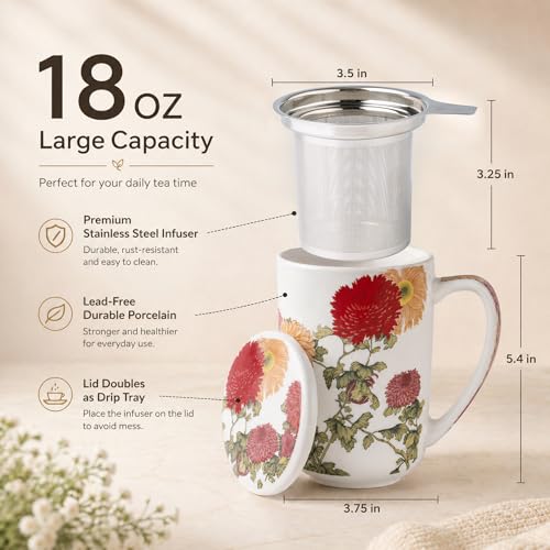 AmorArc Tea Cup With Infuser and Lid, 18oz Loose Leaf Tea Mug With Steeper - color: Colorful Mums
