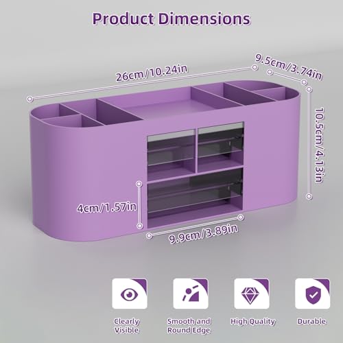 Marbrasse Pen Holder for Desk with 3 Drawers, Multi-Functional Pencil Holder, Desk Organizers and Accessories with 7 Compartments for Home, School, Classroom (Purple) - color: Purple