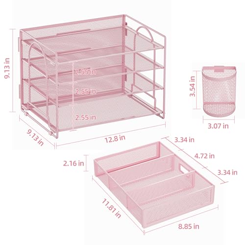 Marbrasse Desk Organizer, 4-Tier Paper File Letter Tray, Pink - color: Pink with Pen Holder