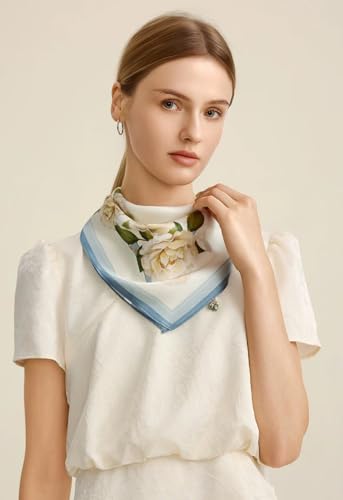ANDANTINO 100% Mulberry Silk Scarf -21” Square Neckerchief with Gift Packed - color: Floral-pale Blue