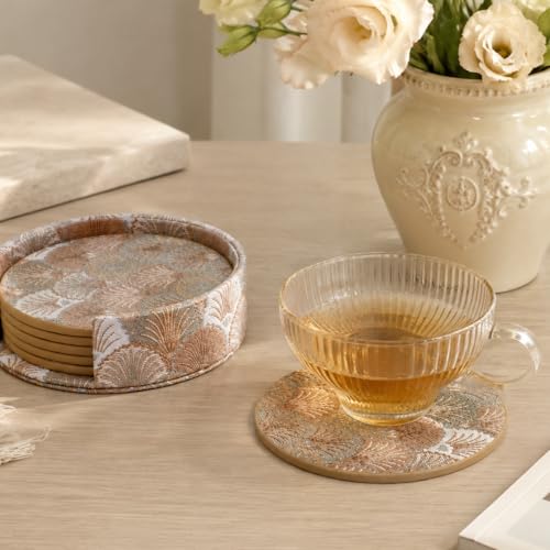 Art Deco Coasters Set of 6 with Holder, Beige - color: Beige