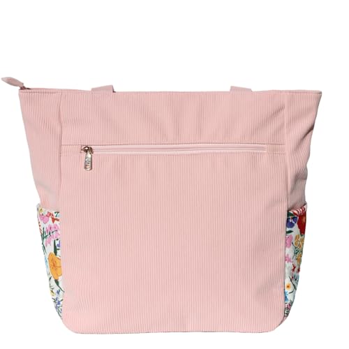 ESVAN Original Floral Water Resistant Large Tote Bag Shoulder Bag for Gym Beach Travel Daily Bags Upgraded - color: Corduroy Pink Flower
