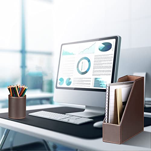 Ayunga PU Leather 6-piece Office Supplies Combination Set,Pencil Cup,Business Card Holder,Sticky Note Dispenser,Mail Sorter,Letter Tray,Files Holder,Suitable for Self-use and Friend Gifts (Brown) - color: Brown
