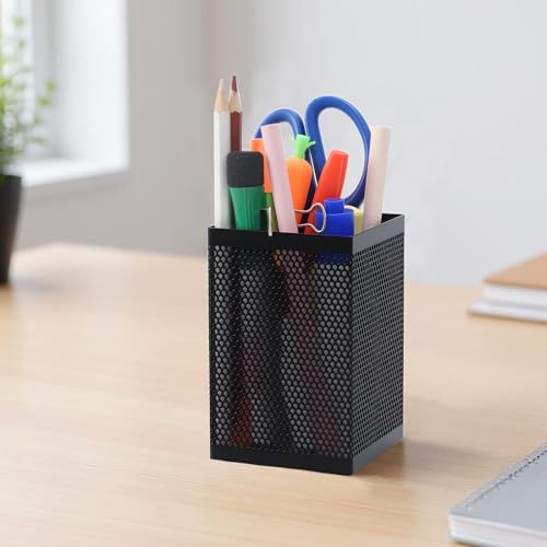 Comix Mesh Pen Holder Desk, Wire Pencil Holder with Foam Pad and Non-Slip Bottom Office Supplies Desk Organizer for Home Office School, 1 Pack - color: Square-1 Pack